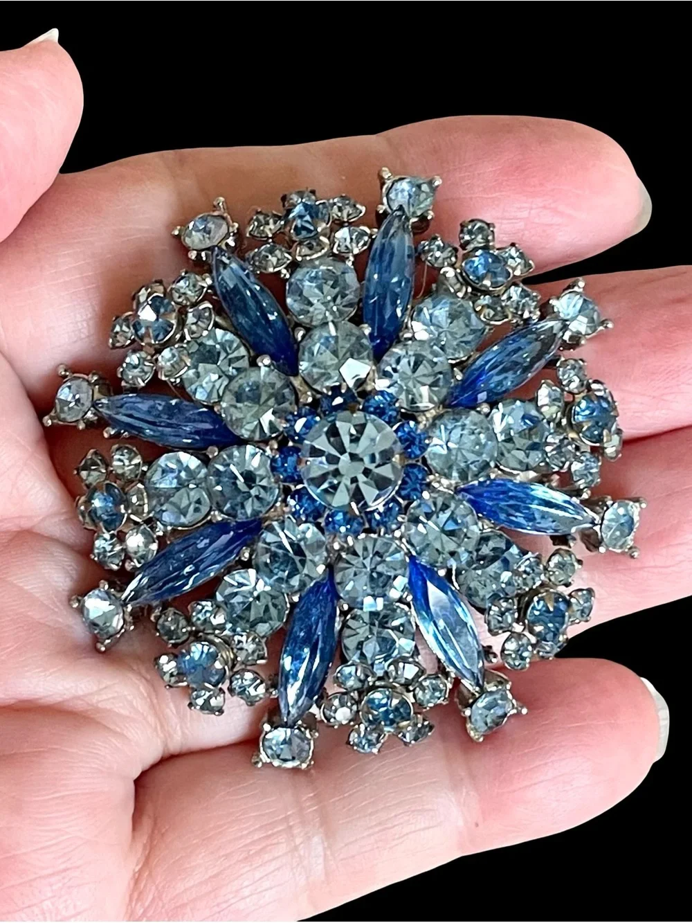 Vintage Mid-Century Sapphire Blue Floral Sunburst Rhinestone Brooch